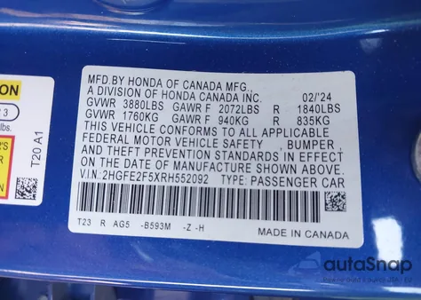 2024 Honda Civic Sport z USA, uszkodzony, nr VIN 2HGFE2F5XRH552092